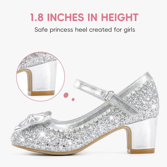 Girls Silver Sequins Cute Bow-knot Sparkle Mary Jane Flower Wedding Dress Shoes - Picture 4 of 7